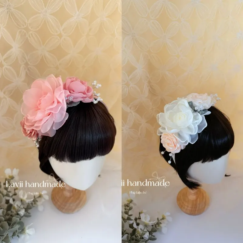 Bờm (cài) hoa voan to ngọc xinh xắn cho bé. Lavii handmade – Lavii Handmade