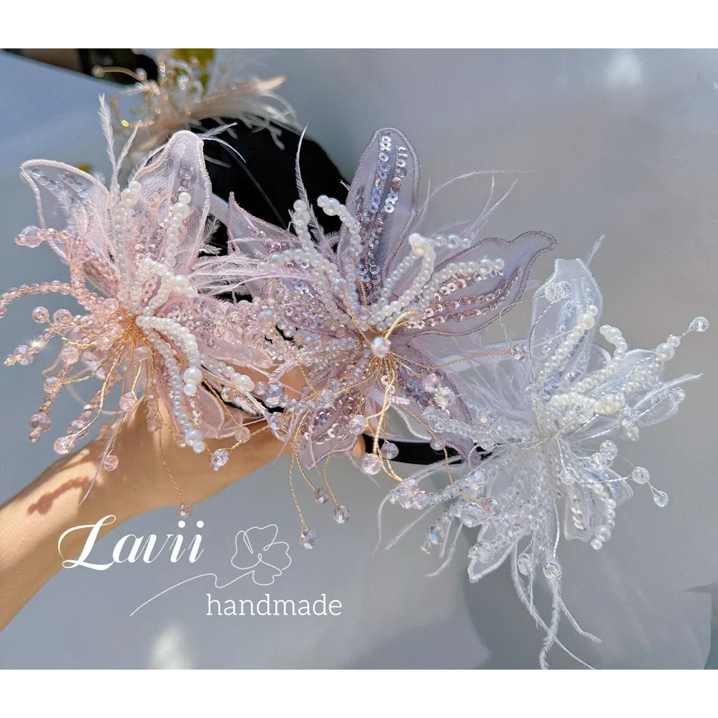 Bờm hoa ren đính ngọc pha lê thủ công 4 màu – Lavii Handmade