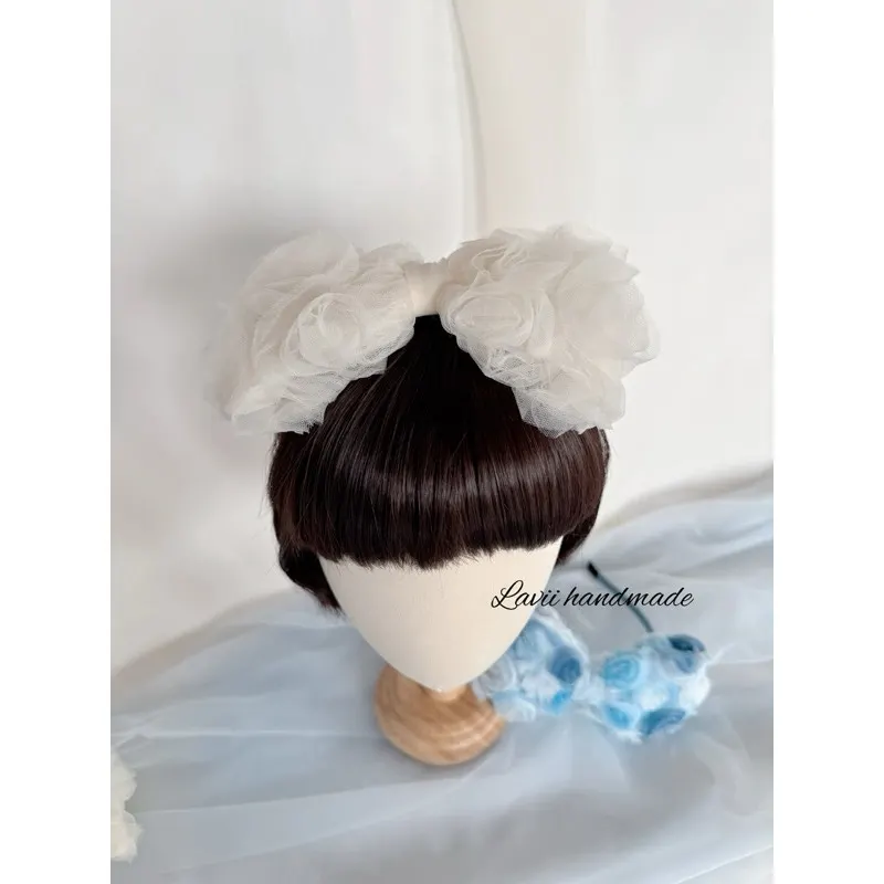 Bờm turban nơ hoa hồng 2 màu kem xanh cho bé. Lavii handmade – Lavii Handmade
