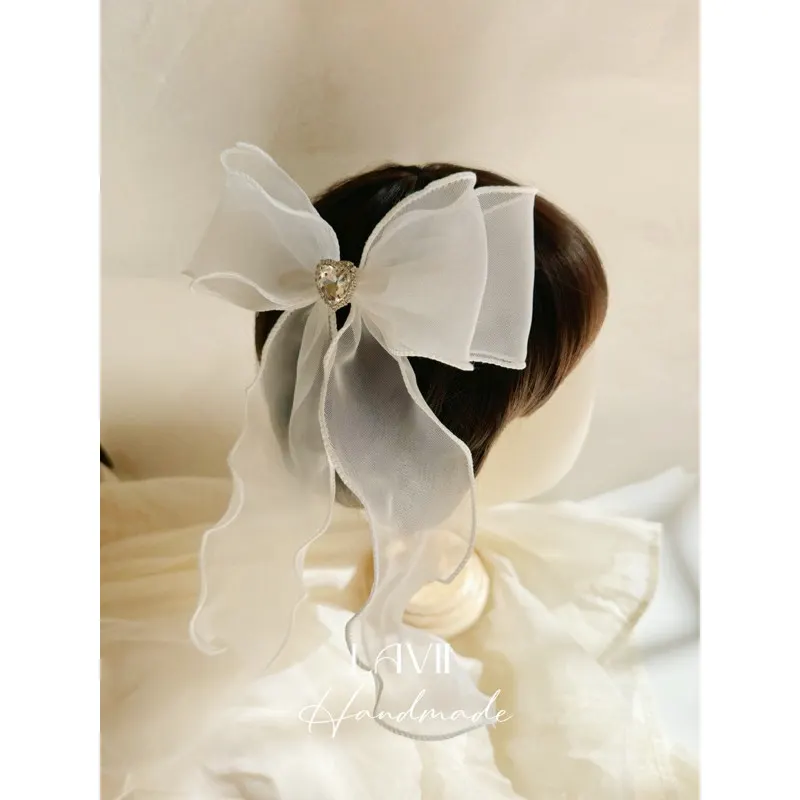 Kẹp nơ voan dây dài đính tim đá by Lavii Handmade – Lavii Handmade