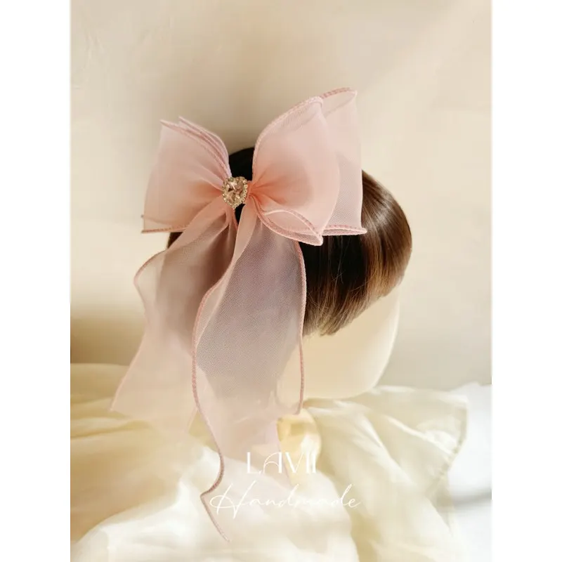Kẹp nơ voan hồng dây dài đính tim đá by Lavii Handmade – Lavii Handmade