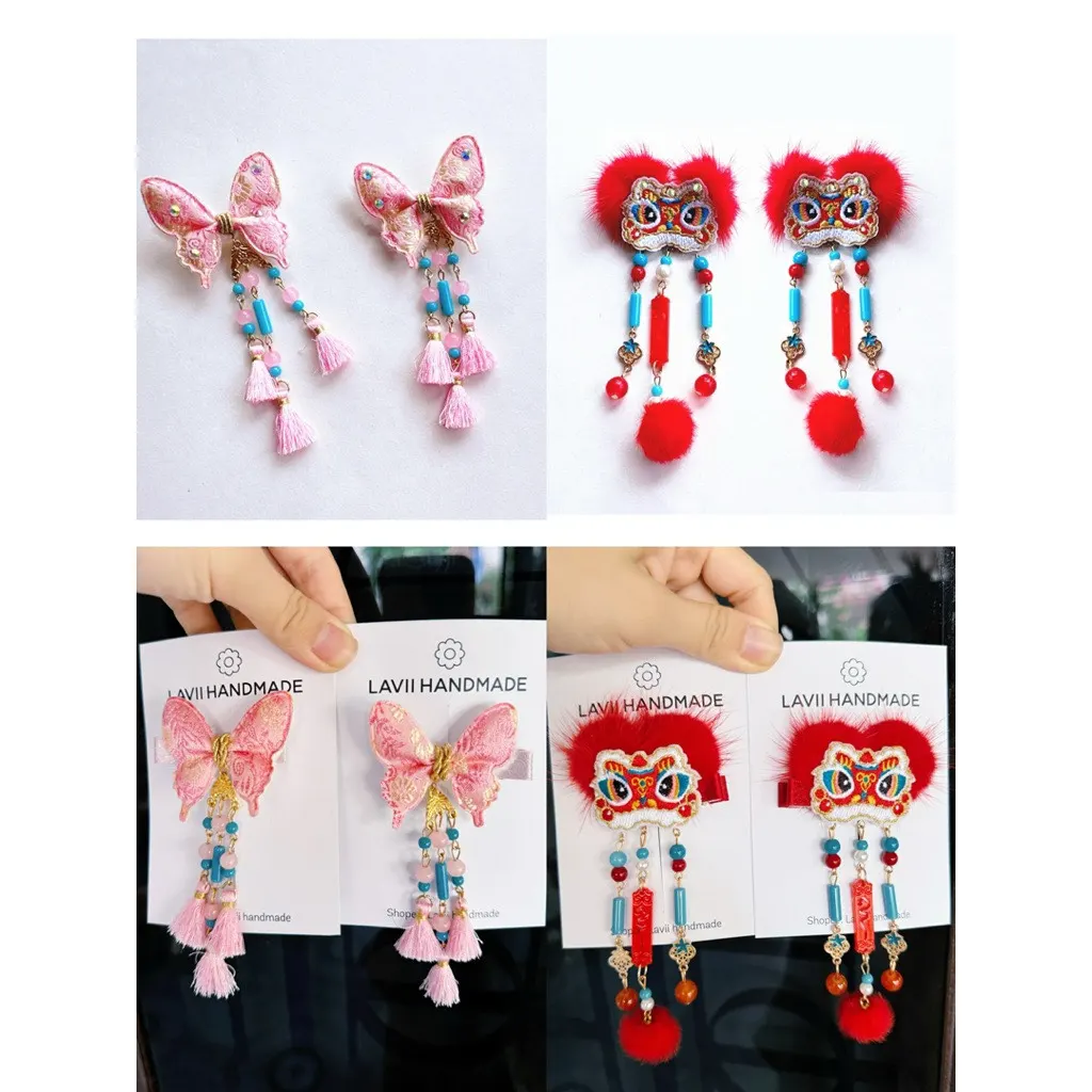 Kẹp tóc bươm, đầu lân có dây ngọc cao cấp cho dịp Tết – Lavii Handmade