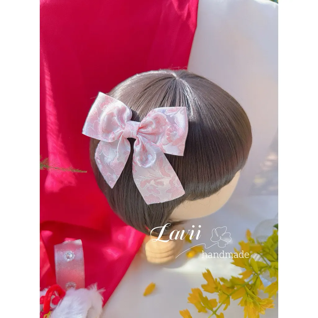 Kẹp tóc nơ vải thô in hoa màu đỏ, hồng – Lavii Handmade