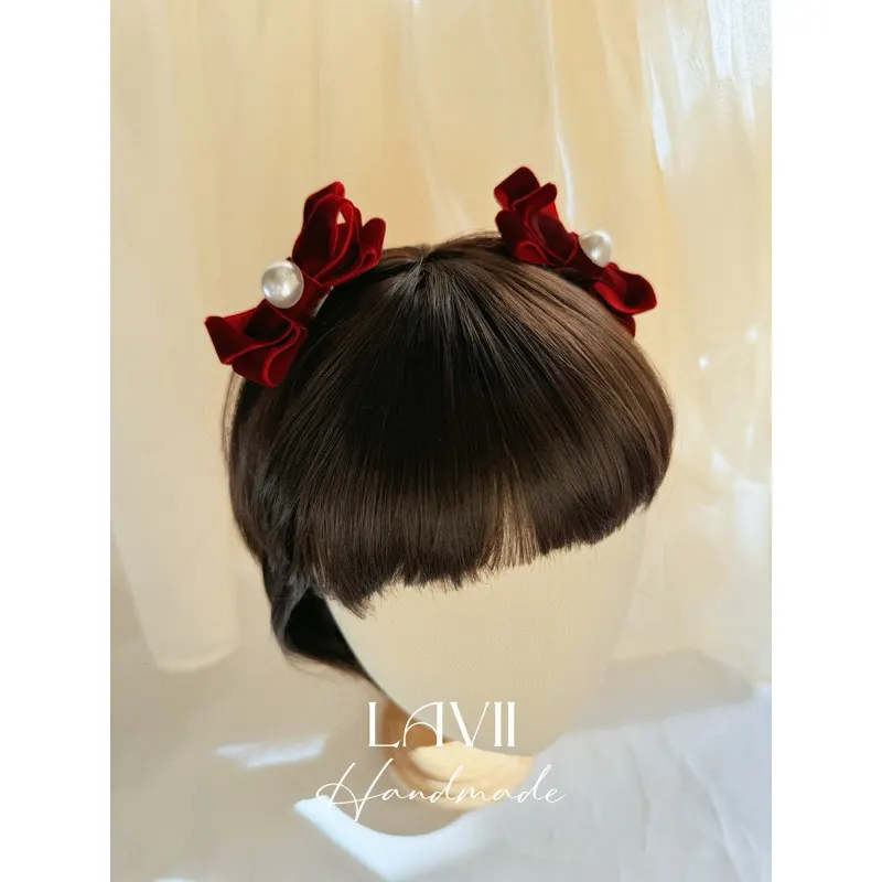 Set kẹp nơ nhung đỏ đính ngọc by Lavii handmade – Lavii Handmade